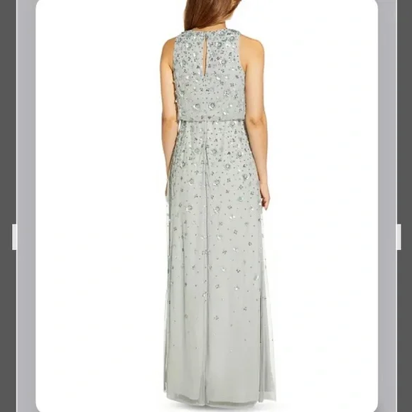 Adrianna Papell Beaded Sequined Halter Blouson Gown in Frosted Sage - Picture 2 of 10